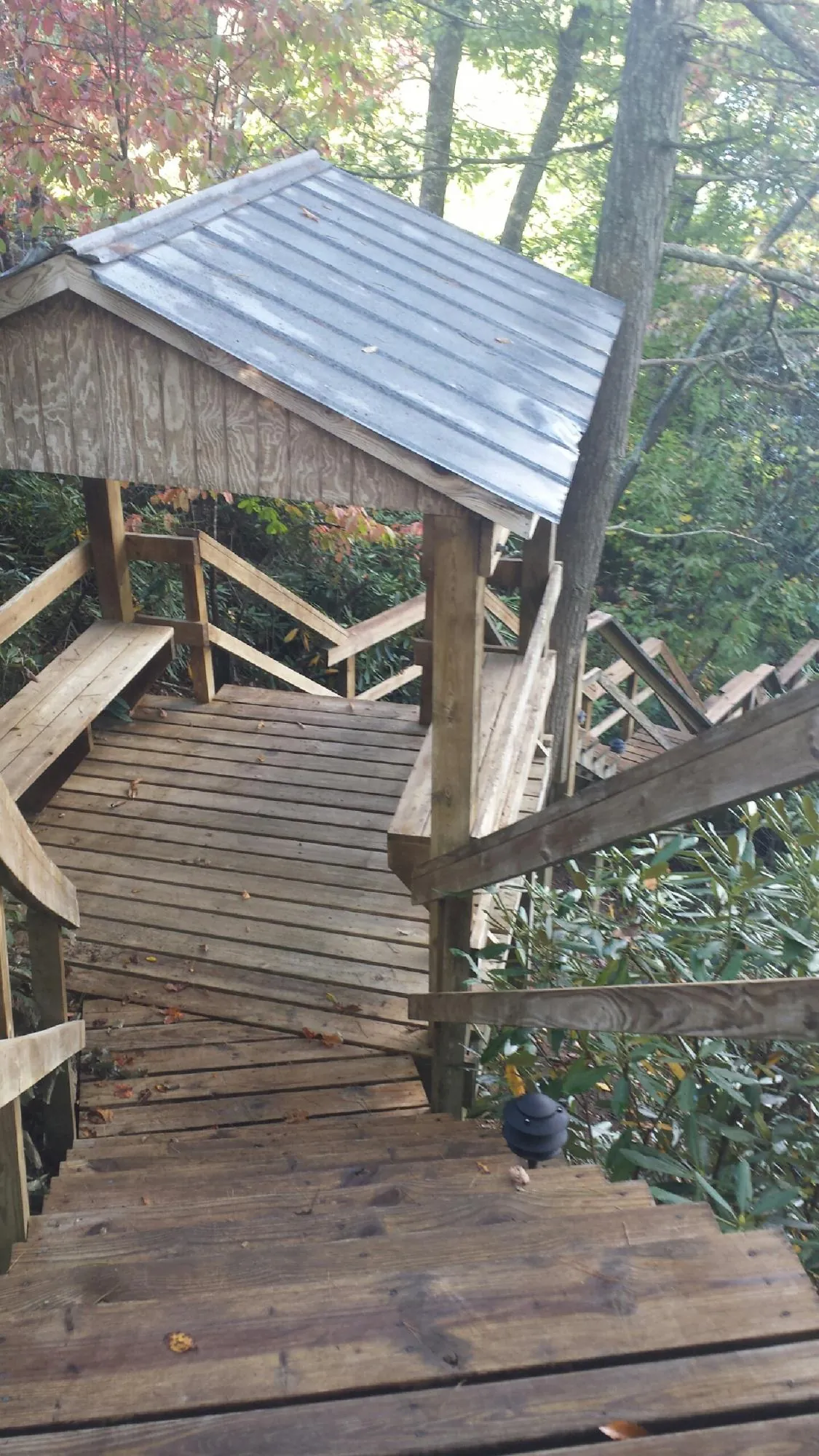 Metal roofed shelter over wooden steps on a wooded walkway — Skylight Repair & Installation work by our crew in Eastlake